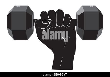 Human hand holding dumbbells, sports themed illustration. Stock Vector