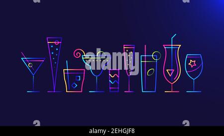 Cocktail party background. Vector illustration of abstract glowing neon colored different cocktail glasses over blue background for your design Stock Vector