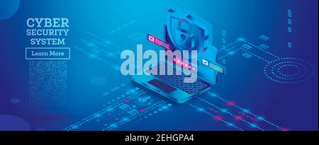 Neon Cyber Security Concept. Isometric Illustration in Blue Color. Data Protection Concept. Vector Illustration. Laptop with Shield. Stock Vector