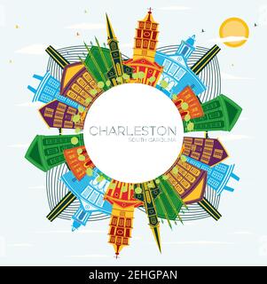 Charleston South Carolina City Skyline with Color Buildings, Blue Sky and Copy Space. Vector Illustration. Business Travel and Tourism Stock Vector
