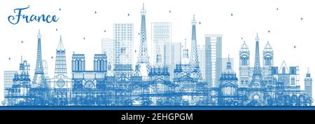 Outline France City Skyline with Blue Buildings. Vector Illustration. Tourism Concept with Historic Architecture. France Cityscape with Landmarks. Stock Vector