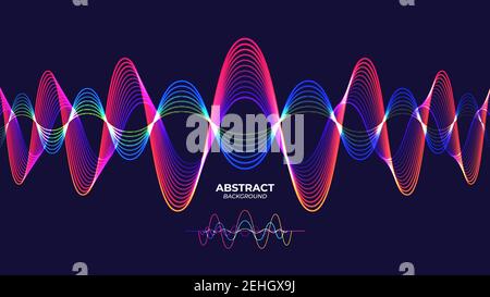 Abstract sound waves background. Vector illustration of glowing neon colored dynamic wavy vivid lines over blue background for your design Stock Vector