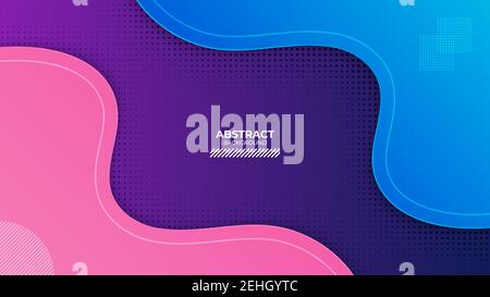 Colorful wavy paper cut background. Vector illustration of pink and blue curved paper layers over violet background with dotted halftone pattern Stock Vector