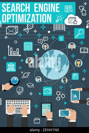 SEO technology flat banner of search engine optimization and internet marketing concept. Web business SEO process poster of website analysis and devel Stock Vector