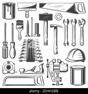 Construction and house repair tool retro icons. Screwdriver, hammer and spanner, wrench, paint and brush, saw, spatula and measure tape, screw, nail a Stock Vector