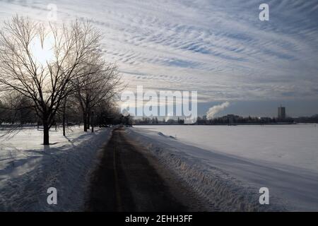 Life in a cold city - winterscapes from Ottawa - sunrise on a beautiful morning by Dow's Lake. Ontario, Canada. Stock Photo