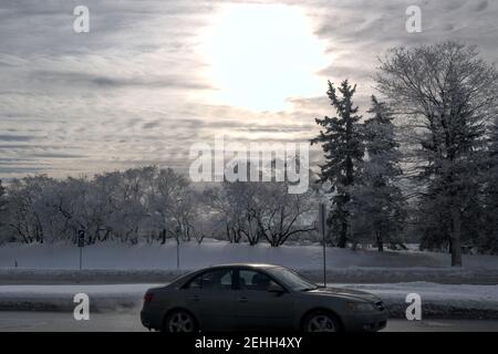 Life in a cold city - winterscapes from Ottawa - Carling Ave at Preston on a beautiful icy winter morning. Ontario, Canada. Stock Photo