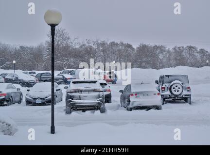 Life in a cold city - winterscapes from Ottawa - cars in a bleak looking car park during some heavy snow. Ontario, Canada. Stock Photo