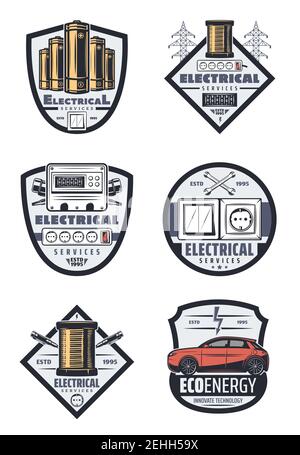 Electrical service icons for home electricity and car transport electric system repair. Vector isolated set of power energy, accumulator or battery an Stock Vector