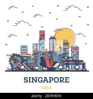 Outline Singapore City Skyline with Colored Modern Buildings Isolated on White. Vector Illustration. Singapore Cityscape with Landmarks. Stock Vector