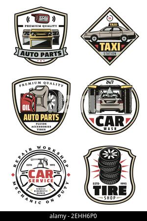 Car service retro labels for repair workshop, car wash, auto part and tire shop design. Motor oil, wheel and tire, battery, steering wheel and alarm s Stock Vector