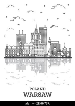 Outline Warsaw Poland City Skyline with Modern Buildings and Reflections Isolated on White. Vector Illustration. Warsaw Cityscape with Landmarks. Stock Vector