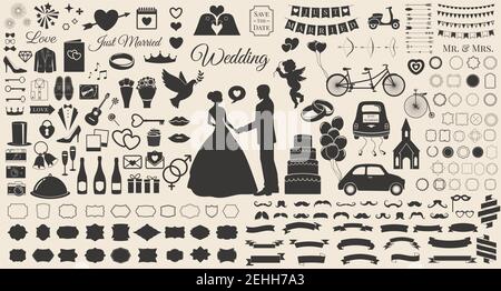 Set of Wedding Marriage, Bridal Invitation Vintage Design Elements, Designers Toolkit Stock Vector