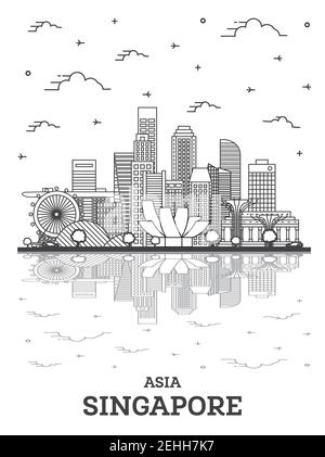 Outline Singapore City Skyline with Modern Buildings and Reflections Isolated on White. Vector Illustration. Singapore Cityscape with Landmarks. Stock Vector