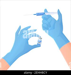 Hands in blue protective gloves holding a vial with medcine and syringe. Vaccination, doctor, clinic help, injection concept. Illustration in cartoon Stock Vector