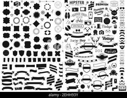 set of vintage styled design hipster icons Vector signs and symbols templates set of phone, gadgets, sunglasses, mustache, ribbons infographcs element Stock Vector