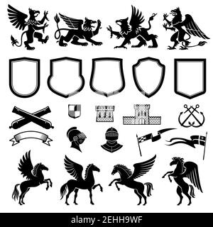 Heraldic animals and design elements for coat or arms and insignia template. Medieval shield, knight and flag, griffin, pegasus and ribbon banner, tow Stock Vector