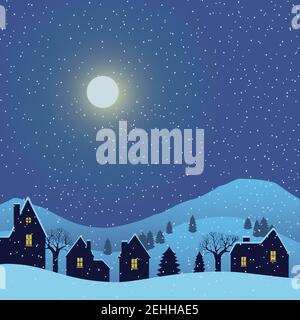 Winter village night background. Vector illustration Stock Vector