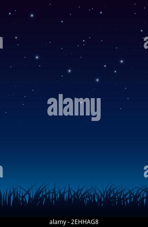 Blue dark night sky with lot of shiny stars and grass ground silhoutte background Blue dark night sky with lot of shiny stars Stock Vector