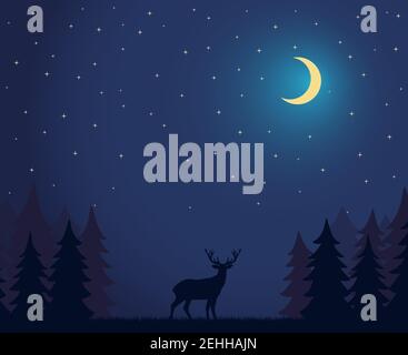 Deer Walks in the Night Forest Vector Illustration Deer Walks in the Night Forest Vector Illustration Stock Vector