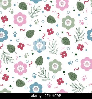 Pattern design with flowers, leaves, dots, wavy lines and small circles on a transparent background Stock Vector