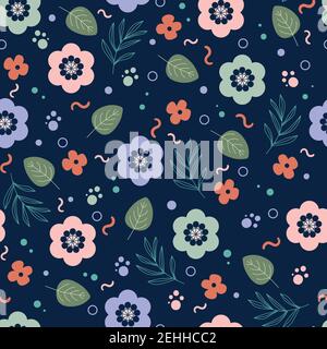 Pattern design with flowers, leaves, dots, wavy lines and small circles on a dark blue background Stock Vector