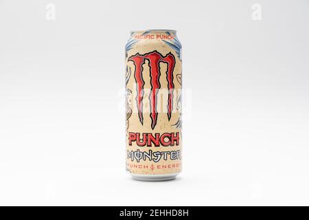 Beige Monster Energy Drink Pacific Punch beverage can with fruit flavour taste on clean white background. Studio product photo. Stock Photo