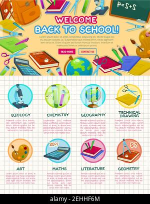 Welcome Back to School landing page design template for school science lesson. Vector biology microscope, chemistry or geography globe and art drawing Stock Vector
