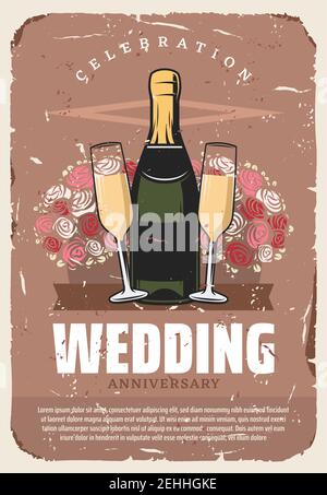 Wedding anniversary celebration party retro invitation template. Bridal bouquet of rose flower with bottle of champagne and glasses vintage banner for Stock Vector