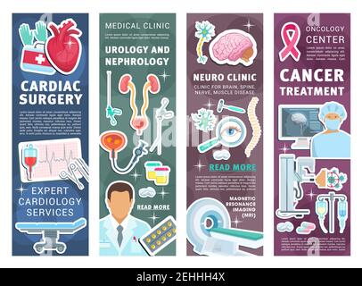 Hospital and medical clinic banners with doctors, research instruments and equipment. Cardiology, urology and nephrology, oncology and neurology medic Stock Vector