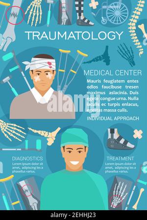 Traumatology medicine and trauma surgery banner template. Traumatologist doctor and injured patient poster with x-ray of leg, hand and spine bones, cr Stock Vector