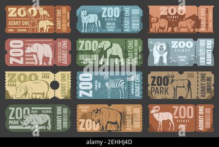 Zoo tickets template design with african and forest animal. Retro grunge admit one card or coupon with african safari lion, elephant and giraffe, bear Stock Vector