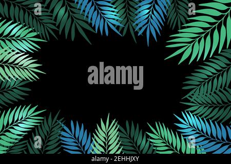 Floral frame with colorful exotic branches on black background. Ornate border with tropic leaves. Vector stock illustration for wallpaper, posters Stock Vector