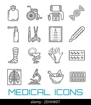 Medicine, pharmacy and healthcare thin line icons. Doctor, thermometer and DNA, surgeon instrument, x-ray and blood pressure monitor, cardiogram, glov Stock Vector