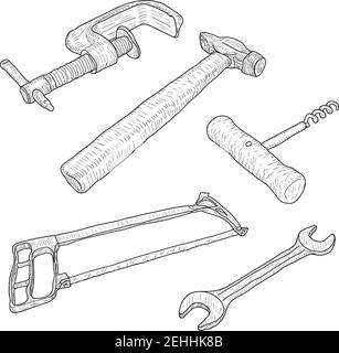 Set sketch silhouette hand tool on a white background. Stock Vector