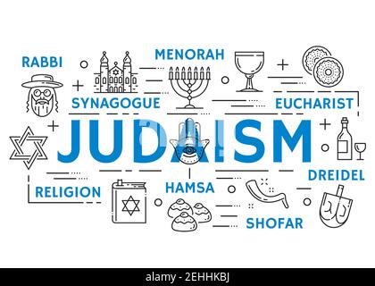 Judaism religion banner with jewish culture and philosophy thin line symbols. Torah, menorah and synagogue, hanukkah and passover holiday, kosher food Stock Vector