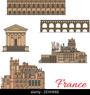 Travel landmarks of France icons with ancient Roman Empire and medieval European architecture. Cathedral of St Just and Nazaire, Ancient Roman Aqueduc Stock Vector