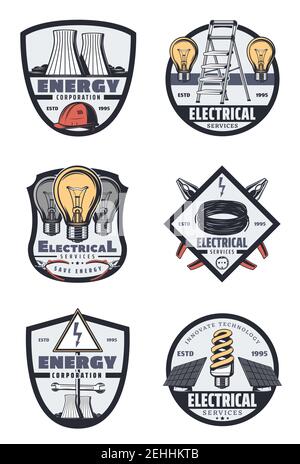 Electrical service retro badges of energy industry. Light bulb, cable and pliers, nuclear power station, solar energy battery, hard hat and stepladder Stock Vector