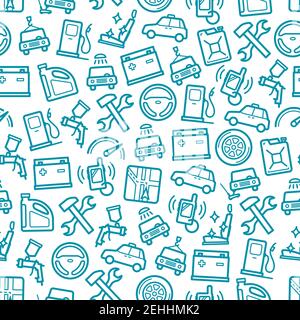 Car and transport parts seamless pattern. Vector background of car wheels and tires, petroleum fuel canister, security remote and spanner with wrench Stock Vector