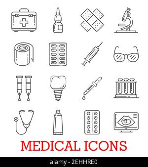 Medical thin line icons of dentistry, ophthalmology or therapy medicine. Vector isolated set of first aid kit, pills or dentist toot and injury patch, Stock Vector