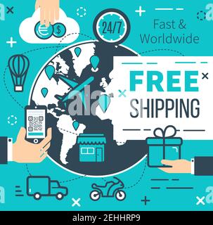 Free shipping poster for online shopping delivery service. Vector thin line design of internet store and shipment transport for global worldwide deliv Stock Vector