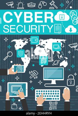 Cyber security and private network or data protection technology poster. Vector computer VPN and firewall online secure connection with fingerprint fo Stock Vector