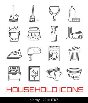 Household and home cleaning thin line icons. Vector symbols set of washing machine, vacuum cleaner or dishwasher and stove with detergent soap, water Stock Vector