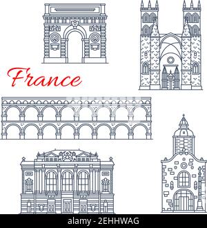 France landmarks and famous historic architecture buildings of Montpellier. Vector thin line facades icons of If Saint Aurelien chapel, Triumphal Arch Stock Vector