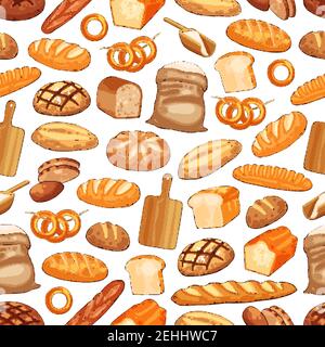 Bread and pastry seamless pattern background for food product design. Bread, baguette and toast, roll bun, bagel and wheat flour bag for bakery shop m Stock Vector