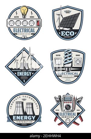 Electrical service, eco power electricity supply and energy saving vintage symbol. Electrician tool, light bulb, plug and plier, wind turbine, solar p Stock Vector