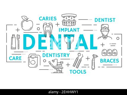 Dental clinic banner with tooth health, oral hygiene and dentistry medicine thin line icon. Dentist doctor tool, tooth, implant and braces, toothbrush Stock Vector