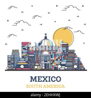 Outline Mexico City Skyline with Colored Historic Buildings Isolated on White. Vector Illustration. Mexico Cityscape with Landmarks. Stock Vector