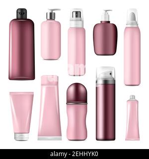 Cosmetic bottles and liquid containers mock up made up of pink plastic. Beauty and skin care product packages for cream, lotion spray and shampoo tube Stock Vector