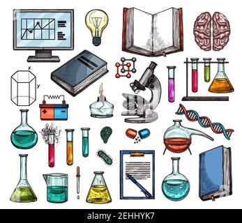 Science and laboratory research sketches. Chemical experiment equipment and tool icons with test tube, microscope, flask and beaker, medicine and biol Stock Vector